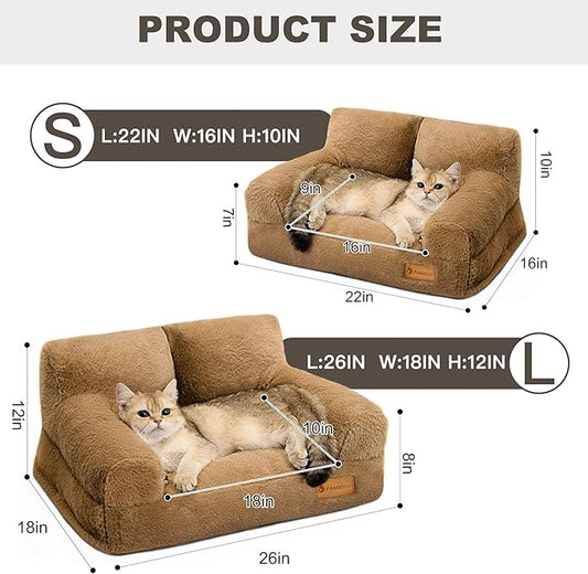 Cat Couch Bed - Cat Bed for Indoor Cats, Calming Pet Sofa Puppy Sleeping Bed with Removable Washable Cover, Cute Dog Couch and Kitty Lounge Chair for 12lbs Cats & Small Dogs(Brown)