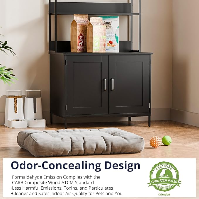 Cozy Castle Litter Box Enclosure, 57'' Cat Litter Box Furniture with Large Cabinet, Shelves, Hidden Cat House for Most of Litter Boxes, Wooden Pet Washroom Indoor, Black, No-Hook