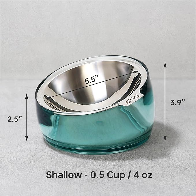 Felli Oblik Elevated Cat Food Bowls 304 Stainless Steel Removable Flat Dish for Whisker Fatigue & Dishwasher Easy Clean, Raised 15° Tilted Stand Non Slip, Wide Metal Plate Anti Vomit (0.5Cup, Classic)