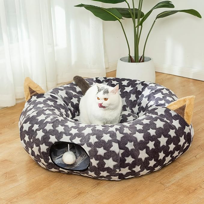 LUCKITTY Large Cat Tunnel Bed with Plush Cover,Fluffy Toy Balls, Small Cushion and Flexible Design- 10 inch Diameter, 3 ft Length- Great for Cats, and Small Dogs, Gray Star Pattern