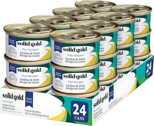 Solid Gold Wet Cat Food Shreds in Gravy - Healthy Canned Cat Food Made w/Real Tuna, Sardine, Vitamins, Minerals & Taurine - Grain Free & Gluten Free Canned Meals for Cats & Kittens - 24ct/3oz Can