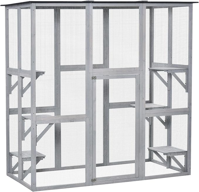 PawHut Outdoor Cat House Big Catio Wooden Feral Cat Shelter Enclosure with Large Spacious Interior, 6 High Ledges, Weather Protection Asphalt Roof, 71" L, Grey
