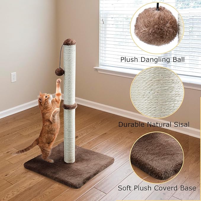 Dimaka 34" Height Tall Cat Scratching Post, Claw Scratcher with Sisal Rope and Covered with Soft Smooth Plush, Vertical Scratch [Full Strectch] for All Cats (Dark Brown, 34 inches for Large Cats)