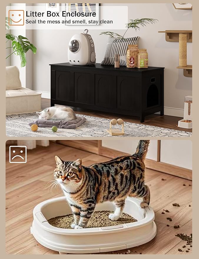 DINZI LVJ Cat Litter Box Enclosure, Flip Top Litter Box Furniture, Hidden Cat Washroom, 2-Entrances Wooden Pet House, 47.2" L x 18.7" W x 19.7" H, End Side Table, TV Stand, Easy to Assemble, Espresso