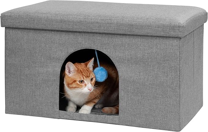 Furhaven Pet House for Indoor Cats & Medium/Small Dogs, Collapsible & Foldable w/ Plush Ball Toy - Living Room Ottoman Cat Condo - Stormy Gray, Large