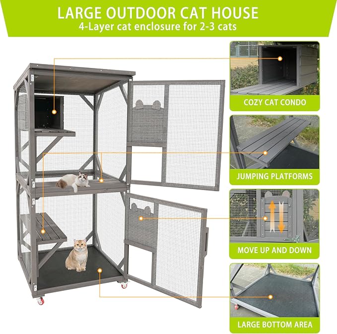 Cat House Wooden Cat Cage with Asphalt Roof, Outdoor Cat House, Wooden Cat House with Lounge Box, Large Kitten Apartment Cage Enclosure