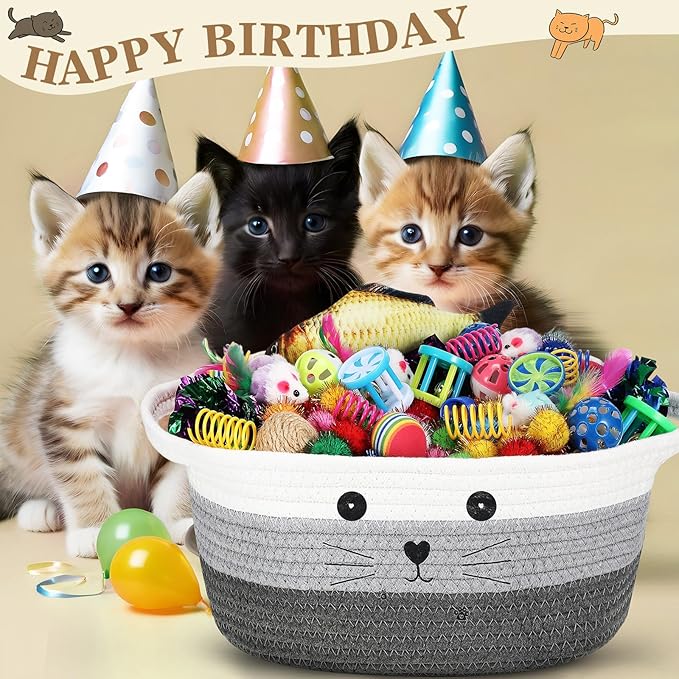 Zopeal 58 Pcs Cat Storage Basket Gift Toys Set, Colorful Flashing Balls Pet Bell Crinkle Balls Spring Toys Attract Cat to Swat, Bite, Hunt, Interactive for Pet (Multicolor,12 Inch)