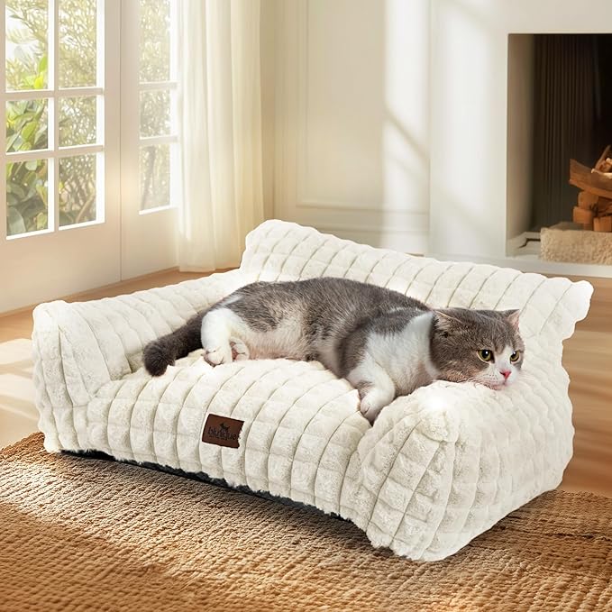Cute Cat Couch Bed – Supportive & Fluffy Pet Sofa with Faux Rabbit Fur Washable Cover in 3D Diamond Pattern, 24" Off White