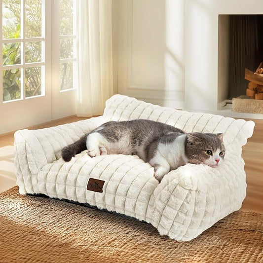 Cute Cat Couch Bed – Supportive & Fluffy Pet Sofa with Faux Rabbit Fur Washable Cover in 3D Diamond Pattern, 24" Off White