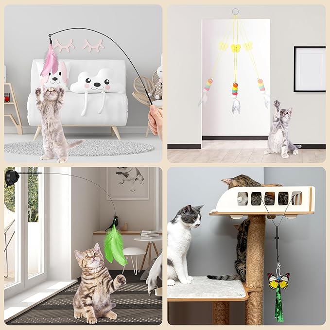 4-in-1 Interactive Cat Toys for Indoor Cat Feather Toys Suction Cup Cat Toys Simulation Feather Flying Bird Toy Replacements Cat Wand Toy for Kitten