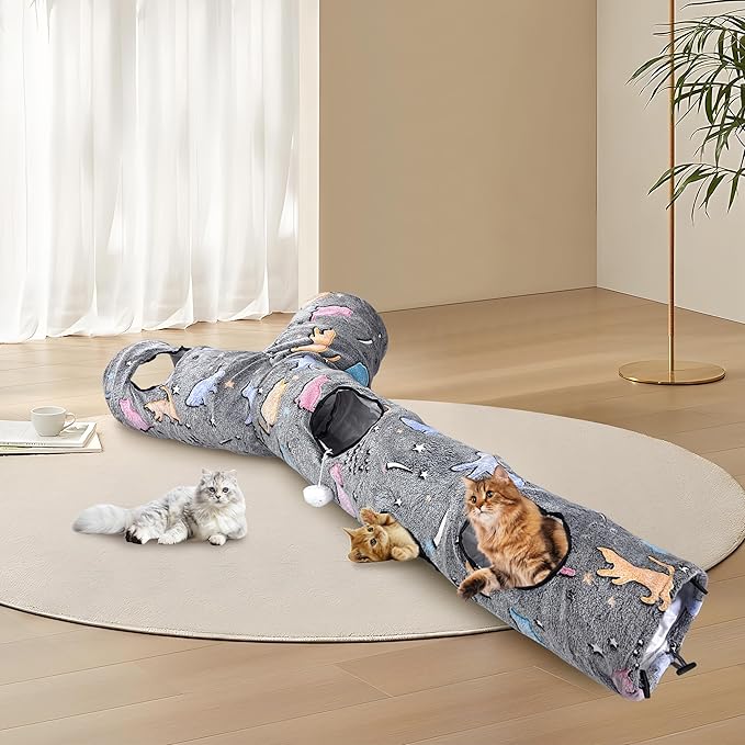 Cat Tunnels for Indoor Cats, Self-Luminous Cat Tunnel with Plush Ball, 3 Way Kitten Tunnel Collapsible, Cat Play Tunnel with Interactive Peephole for Large Cat, Puppy, Kitten