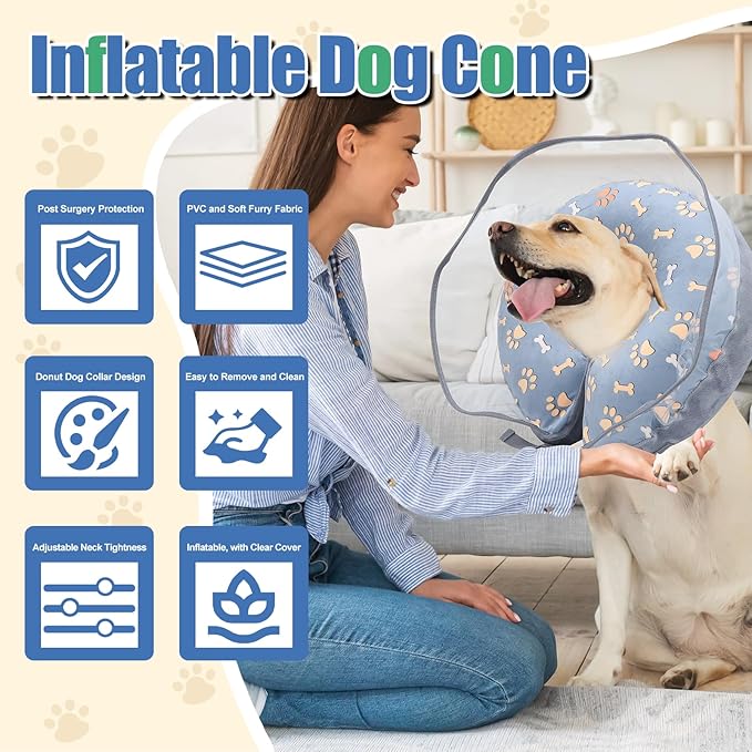 Inflatable Dog Cone Collar, Adjustable Size Soft PVC 2-in-1 Dog Donut Collar After Surgery with Detachable, Inflatable Collar for Small Medium Large Dogs and Cats (Grey, XL)