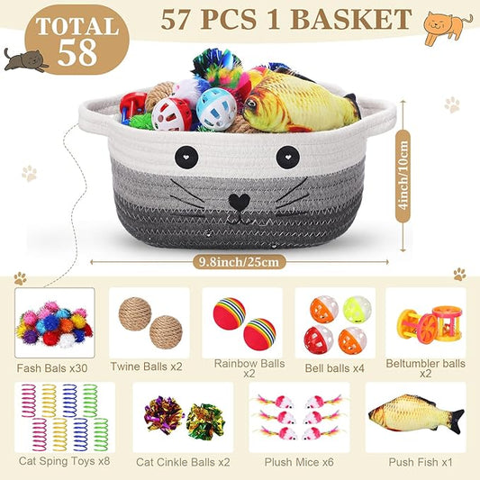 Zopeal 58 Pcs Cat Storage Basket Gift Toys Set, Colorful Flashing Balls Pet Bell Crinkle Balls Spring Toys Attract Cat to Swat, Bite, Hunt, Interactive for Pet(Multicolor,9.8 Inch)