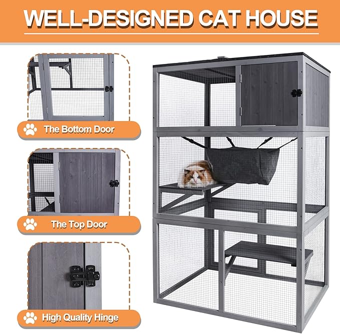 X-ZONE PET Catio Wooden Cat House, Outdoor 3 Floors Cat Enclosure, Indoor Large Kitten playpen with Hammock & Resting Box, Cat Cage Waterproof Roof