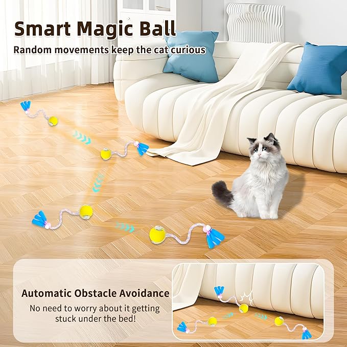 Interactive Cat Toy Ball for Indoor Cats, 2025 New Fast Self Rolling Ball Cat Toy on Carpet, Smart Interactive Automatic Cat Toy Ball for Gifts, Moving Cat Toy with Elastic Mesh Tail(Yellow)