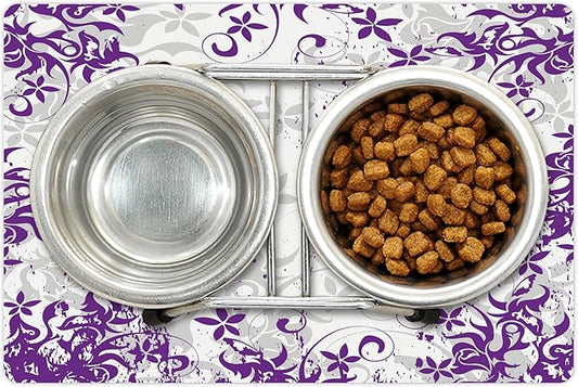 Lunarable Purple and White Pet Mat for Food and Water, Floral Blooms Grunge Violets Bouquet Violet Paintbrush Effects, Non-Slip Rubber Mat for Dogs and Cats, 18" X 12", Grey Purple