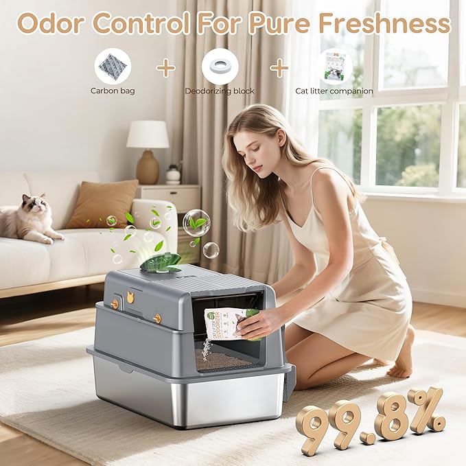 L7 Ultra-Stainless Steel Litter Box with Smart Odor Control System, XXL Extra Large Enclosed Metal Cat Litter Box with Lid for Kitty&Big Cats, High Sided Enclosure with Scoop & Mat, Anti-Leakage-Grey