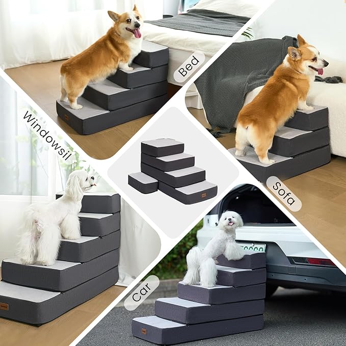 5-Step Adjustable Dog Stairs for High Beds, Dog Steps for Small Dogs and Cats, Foldable Pet Stairs for Bed Climbing, Non-Slip Pet Step Indoor, Grey