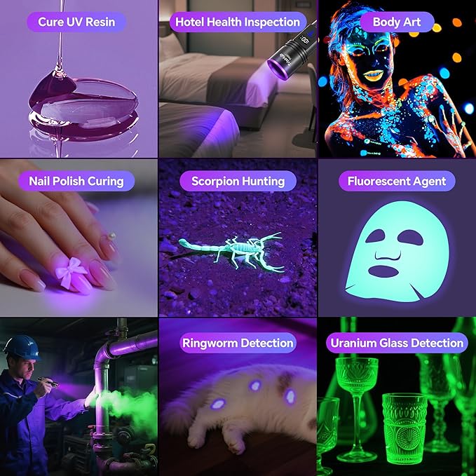 365nm Black Light Flashlight, UV Flashlight Rechargeable with LCD Display, Powerful Ultraviolet Lights for Pet Urine Detection, Resin Curing, Minerals, Blood tracking, Scorpion, Uranium Glass, A/CLeak