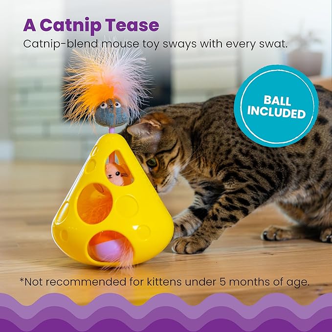 Catstages Mousin' Around Wobble Wedge, Plush Catnip Blend Cat Toy and Rolling Ball Inside, Yellow