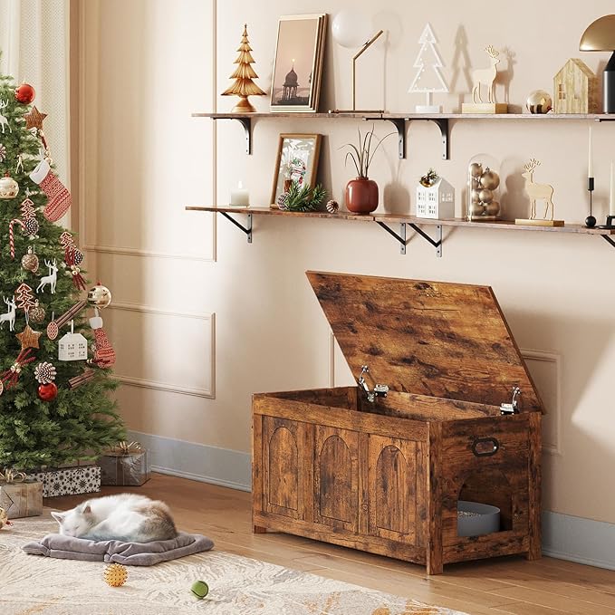 DINZI LVJ Cat Litter Box Enclosure, Flip Top Litter Box Furniture, Farmhouse Hidden Cat Washroom, Wooden Pet House, End Side Table, 39.4"L x 19.7"W x 19.7"H, Sturdy and Easy to Assemble, Rustic Brown