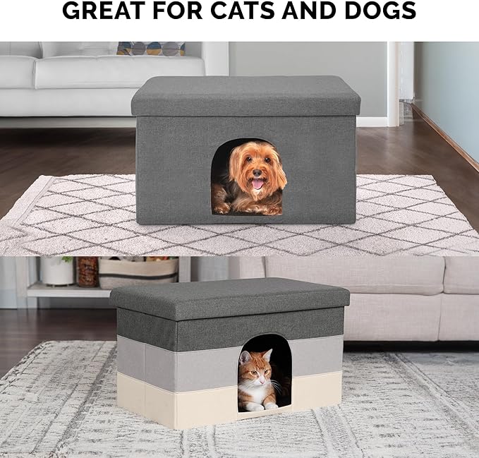 Furhaven Pet House for Indoor Cats & Medium/Small Dogs, Collapsible & Foldable w/ Plush Ball Toy - Living Room Ottoman Cat Condo - Hygge Stripe (Gray/Cream), Large
