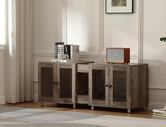 Double Cat Litter Box Enclosure for 2 Cats,Modern Double Litter Box Furniture with 7 Colors LED and Built-in Power Outlet,Large Cozy Cat Home,4 Glass Doors for Better Viewing,Grey