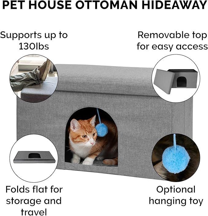 Furhaven Pet House for Indoor Cats & Medium/Small Dogs, Collapsible & Foldable w/ Plush Ball Toy - Living Room Ottoman Cat Condo - Stormy Gray, Large