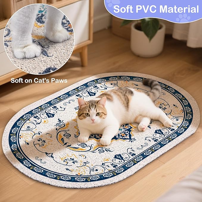 Bienbee Cat Litter Mat, 24" x 15" Litter Box Mat Rug with Non-Slip Bottom, Easy to Clean Cat Supplies Accessories Essentials for Indoor Kitty Kitten Floor, Blue M