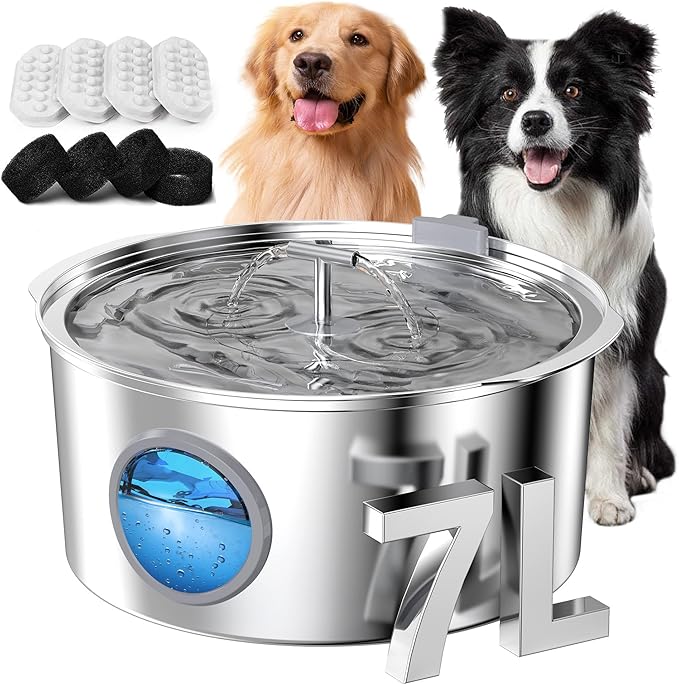 Dog Water Fountain Stainless Steel: 7L/1.8Gal Large Dog Fountains Quiet Automatic pet Drinking Dispenser - Indoor Cat Watering Fountains for Pets Metal Water Bowls for Cats with 4 Filters 4 sponges
