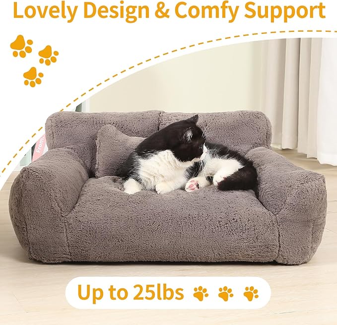 Extra Wide Fluffy Cat Bed, Small Dog Bed with Bone Shaped Pillow, Anti-Anxiety Pet Couch with Washable Cover, Brown