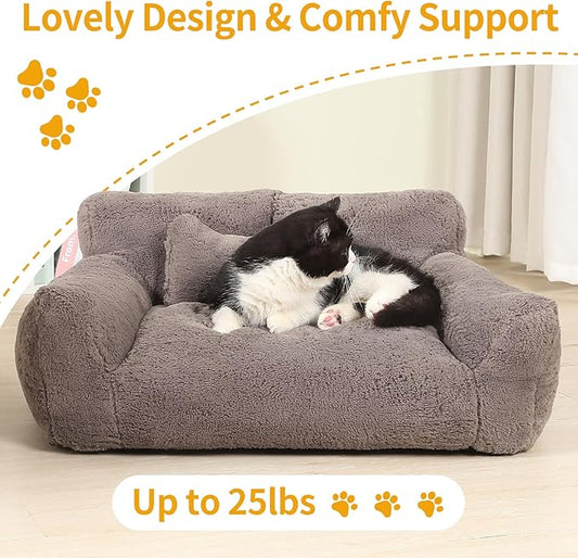 Extra Wide Fluffy Cat Bed, Small Dog Bed with Bone Shaped Pillow, Anti-Anxiety Pet Couch with Washable Cover, Brown