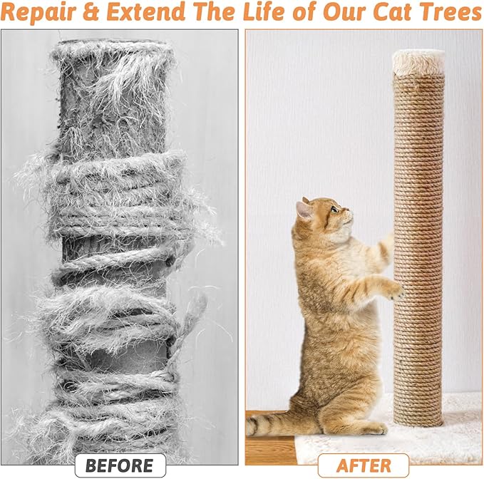 Cat Natural Sisal Rope for Scratching Post Tree Replacement, Hemp Rope for Repairing, Replacement Cat Tree and Tower (6 mm 66 Ft)
