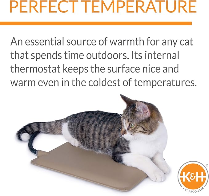 K&H Pet Products Heated Extreme Weather Outdoor Kitty Pad Petite, Waterproof Heated Cat Mat, Pet Warmer for Outside Feral Cat Houses, Indoor Outdoor Warming Pet Mat - Petite 12 X 9in Tan 25W