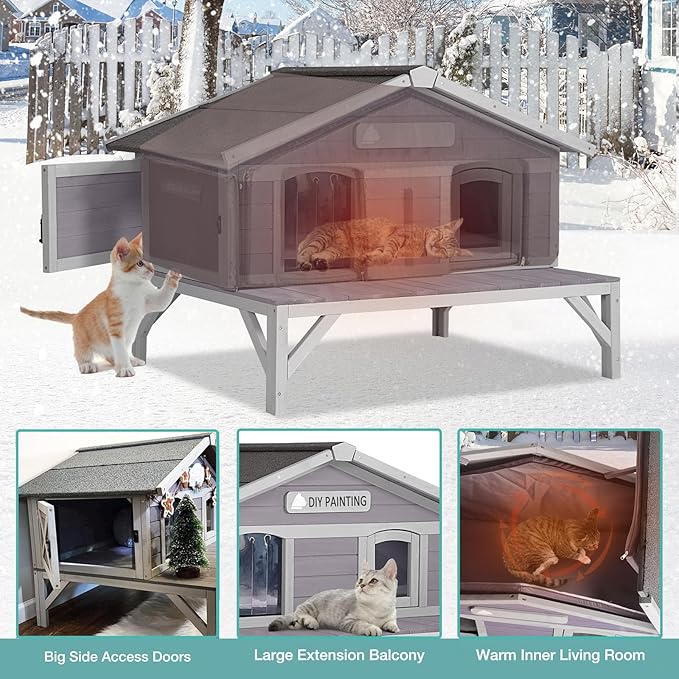 Outdoor Cat House with Insulated Liner,Weatherproof Outside Feral Kitten Shelter for Winter,Wooden Cat Codons with Large Balcony