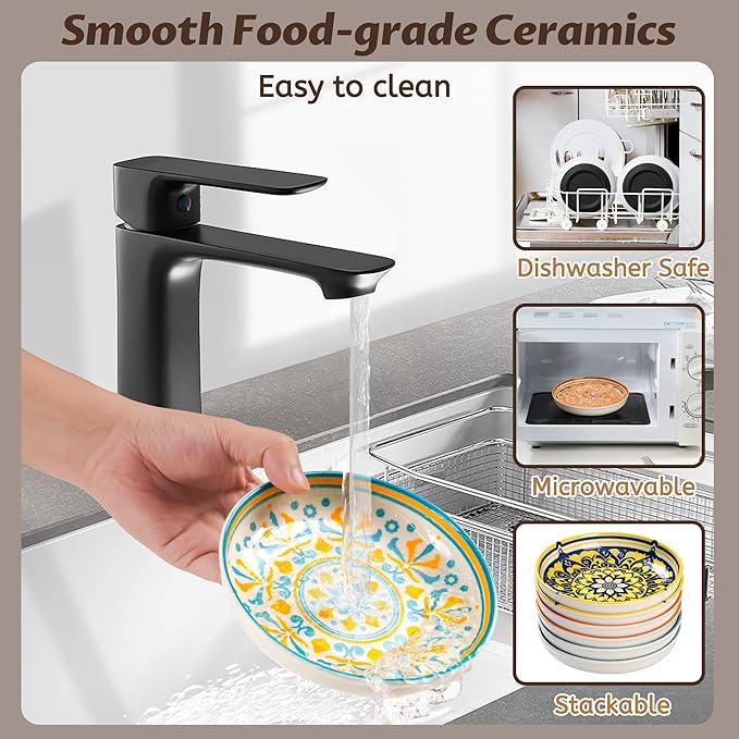 Cat Bowls, Non-Slip Ceramic Cat Food Bowl Set with Silicone Base, Whisker Friendly Cats Dishes, 6 Pack Cute Plates for Feeding Indoor Cats, Kitten, Small Dogs (Multi6, Deeper)