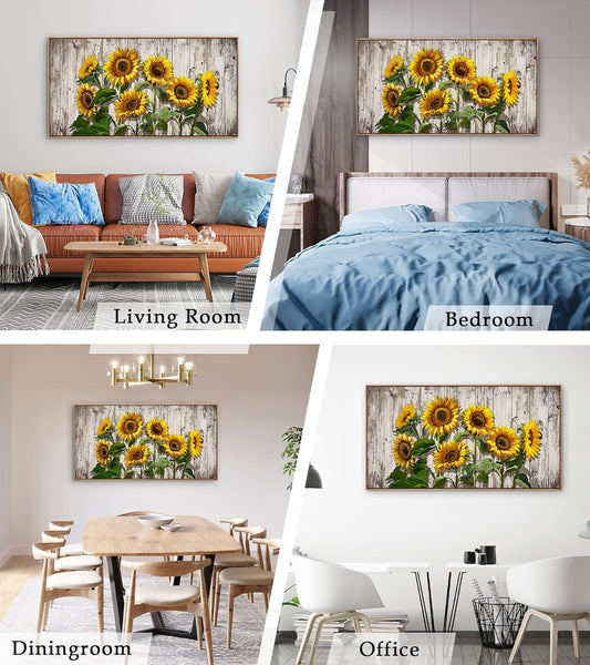 Jiuqinghua Canvas Prints Wall Art Abstract Board Paintings 1 panel Wall Art for Bedroom Rustic Sunflower Kitchen Decor Yellow Vintage Wall Decor Sunflowers Wood Grain Framed for Living Room Bedroom