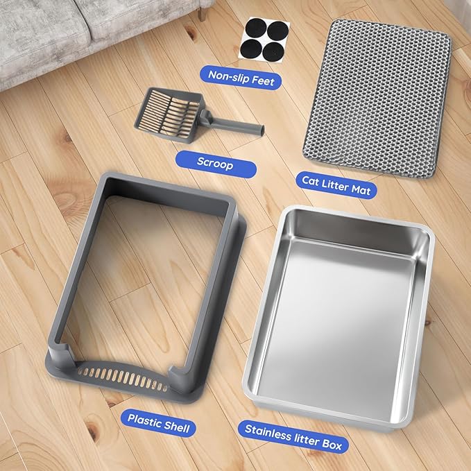 XXXL Stainless Steel Cat Litter Box with Lid, 28"x20"x12", Extra Large High Sided Metal Litter Box, with Scoop, Litter Mat, Non-Sticky, Anti-Urine Leakage, Easy to Clean for Big Cats and Multiple Cats