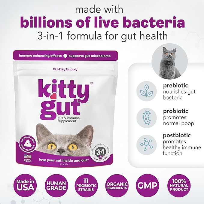 KittyGut 3-in-1 Organic Cat Probiotics & Postbiotic Supplement Powder- Made in USA-Probiotics for Cats Promote Gut Health and Cat Digestive Support, Diarrhea and Vomiting (60g)