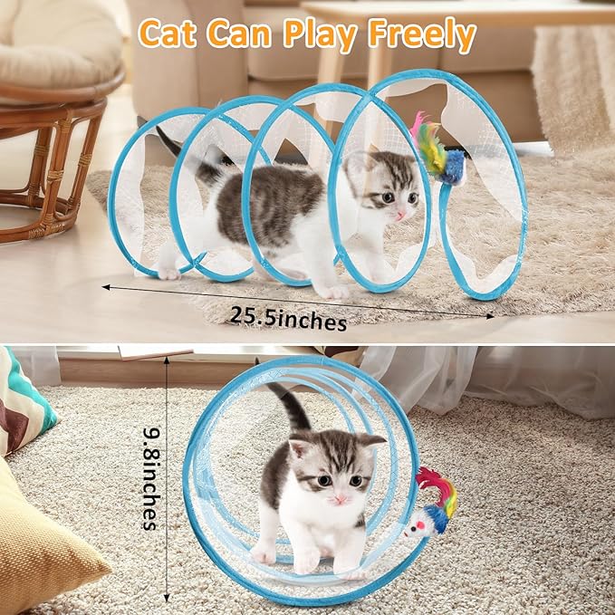 2-Piece Spiral Cat Tubes for Indoor Cats, Large Collapsible Tunnel with Feather Mouse Interactive Toy (Yellow + Blue)