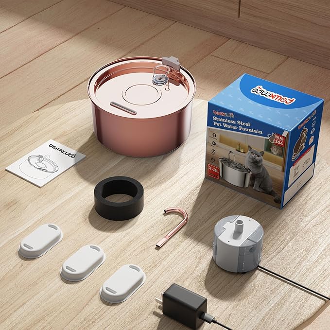 Tomxcute Cat Water Fountain Stainless Steel - 108oz/3.2L Cat Fountain for Drinking- Large Capacity Pet Water Fountain - Copper Surface