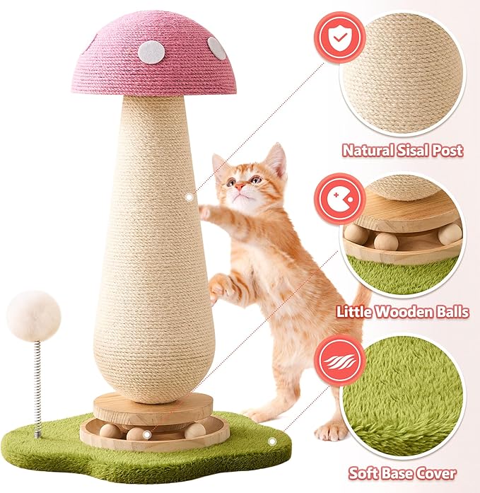 21.5‘’ H Cat Scratching Post with Catnip,Cute Mushroom Cat Scratcher Post with Durable Natural Solid Wood Turntable Toy,Baby Pink Mushroom Shape Design Cat Toy Cat Sisal Scratcher for Indoor Cats