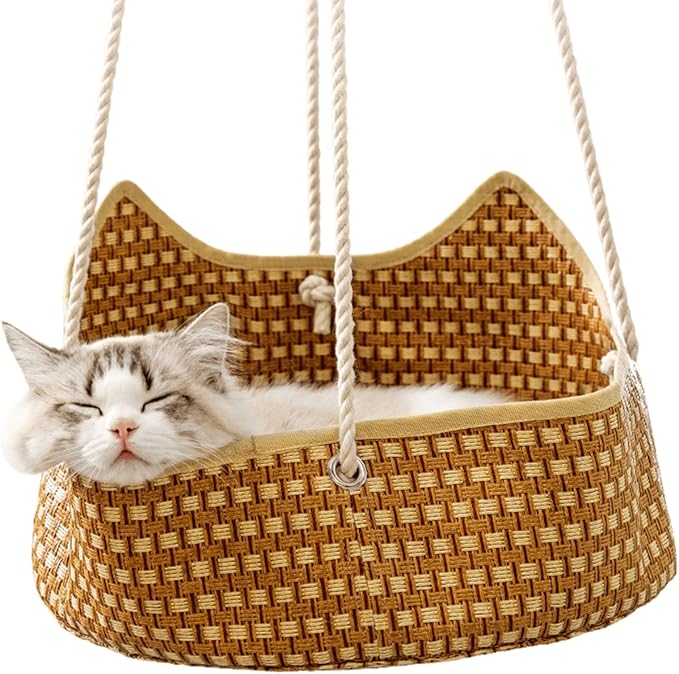 Breathable Pet Cage Hammock with Metal Hooks, Rattan and Bamboo Woven Cat Hammock for Kittens, Rabbits, Small Dogs, Cat Hanging Bed for Cage (Brown)