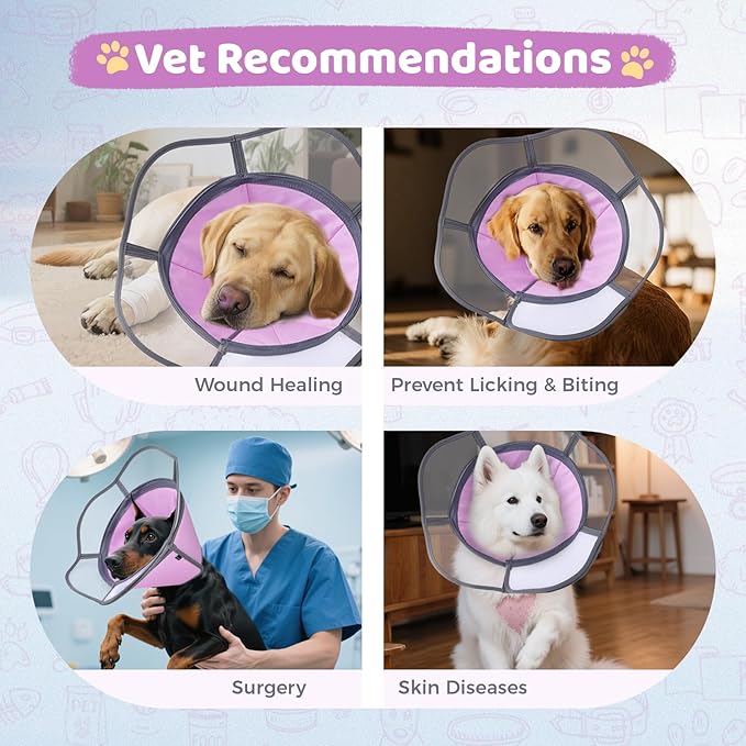 Soft Dog Cone Collar After Surgery Recovery,Adjustable E-Collar with Removable Shield,Lightweight,Breathable Anti-Licking Protective Cone for Large,Medium,Small Pets (Rose Pink, M (Neck:12''-15''))