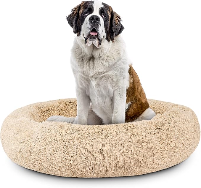 The Dog’s Bed Sound Sleep Donut Dog Bed, XXL Dog Beige Fur Calming Nest Bed Removable Cover, Veterinary Approved