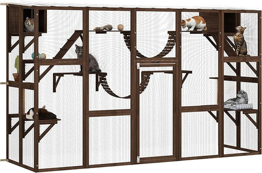 PawHut Catio Outdoor Cat Enclosure Window, Outdoor Cat House with Weather Protection Roof for Multiple Kitties, Wooden Frame, Shelves & Bridges, 118" x 37.5" x 74", Coffee Brown