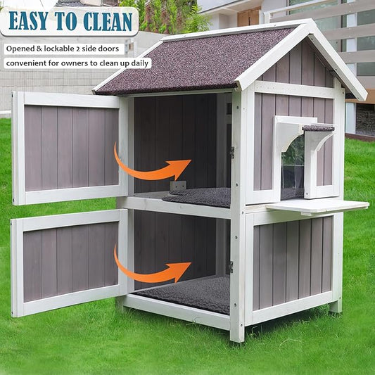 Rockever Outdoor Cat House, Large Outdoor Houses for Feral Cats with Self-Warming Mat Wooden Outside Cat Shelter Weatherproof with Escape Door