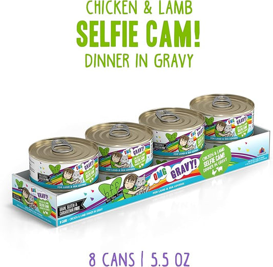 Weruva B.F.F. OMG - Best Feline Friend Oh My Gravy!, Selfie Cam! with Chicken & Lamb in Gravy Cat Food, 5.5oz Can (Pack of 8)