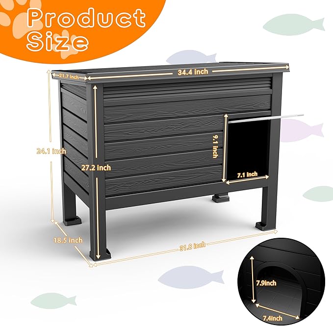 DRATO Outdoor Cat House,Weatherproof Feral Cat Shelter with Raised Floor,Warm,PP Material,Outdoor Feral Cat House for Cats and Small Animals,with Door,Easy to Assemble (Black, Large)