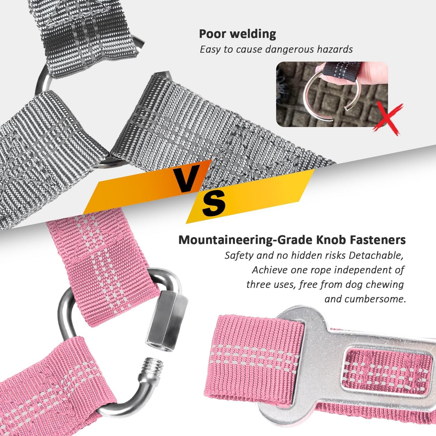 Removable Dog Seat Belt Harness for Car, 3 in 1 Pet Dog Car Seatbelt Leash, Retractable Restraint Secures to Vehicle Headrest & Adjustable Reflective Bungee Dog Seatbelt Tether, Pink and Black